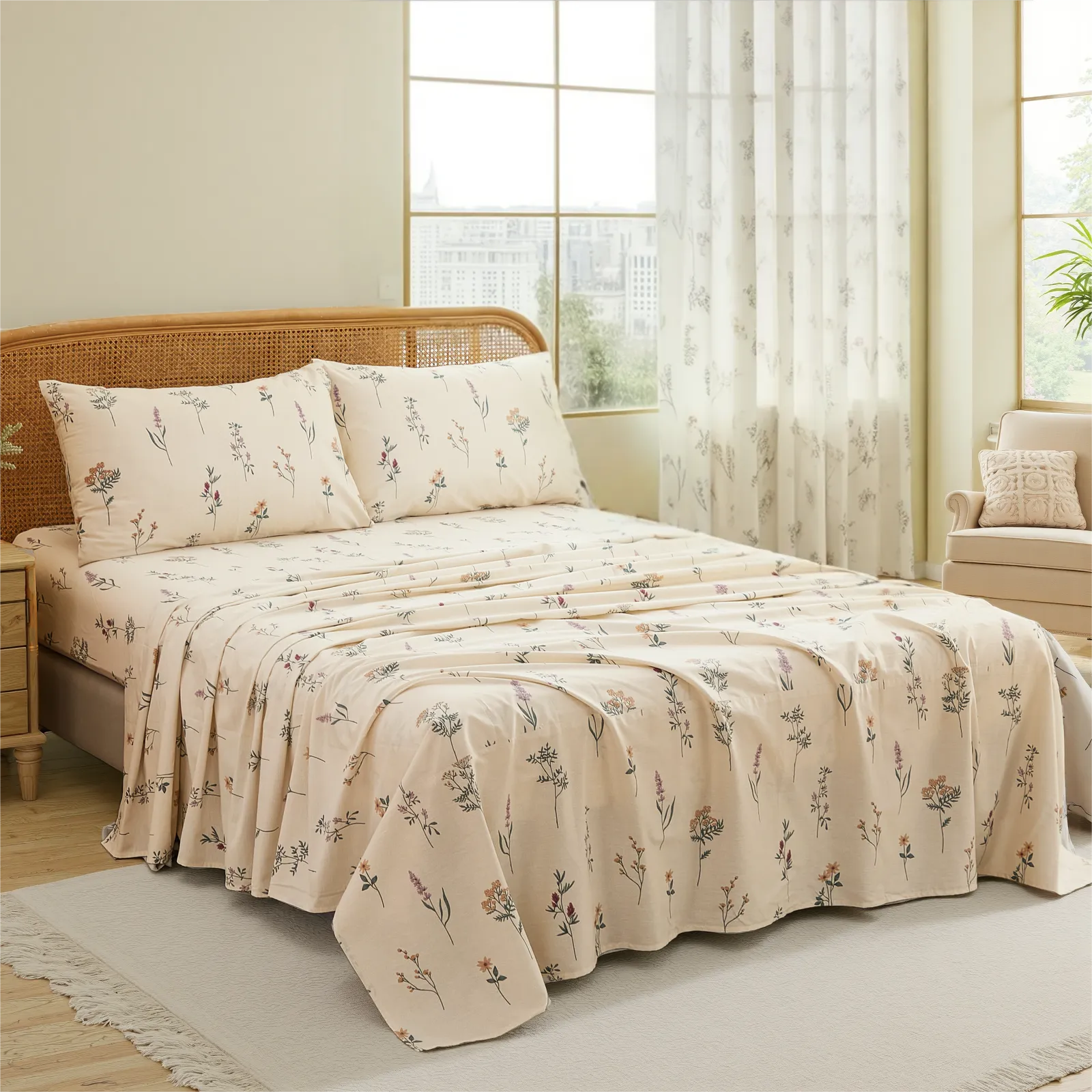 Full room view of cotton wildflower sheet set with pink and yellow flowers by large window