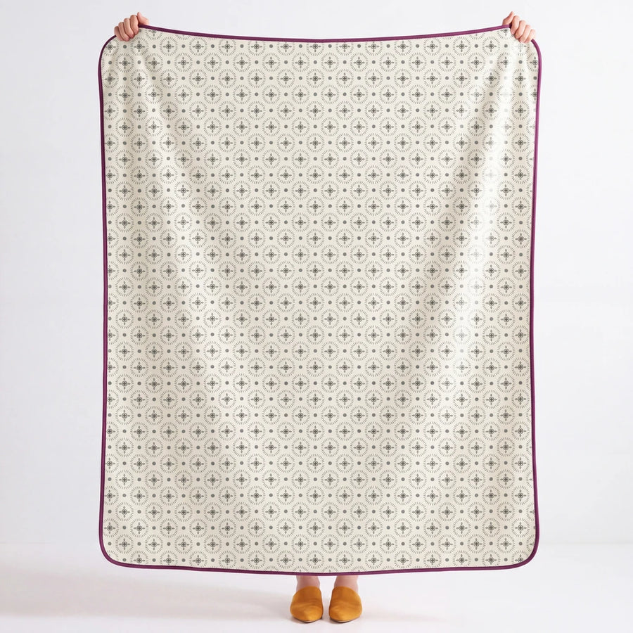 full view fernwood muslin blanket slate feather plum trim