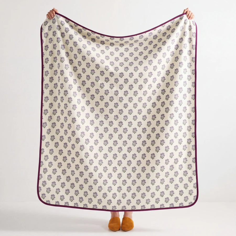full view fernwood muslin blanket wildflower purple plum trim
