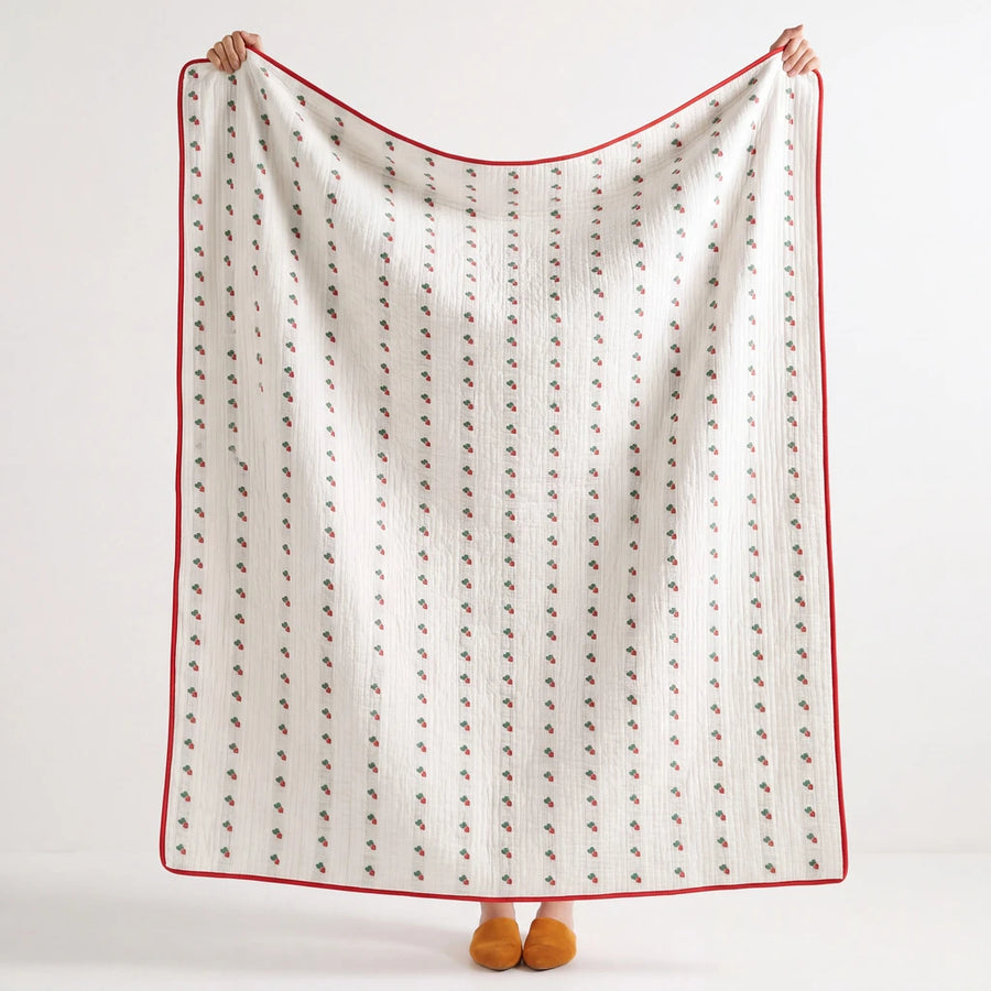 full view garden patch jacquard throw blanket baby radish red trim