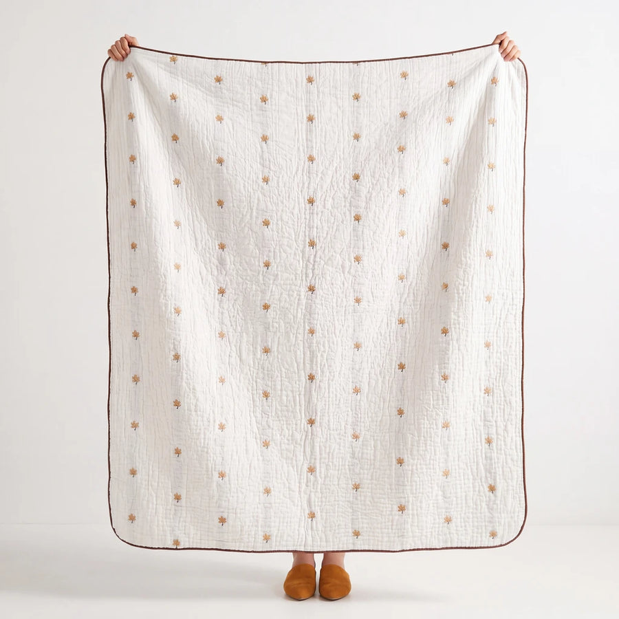 full view garden patch jacquard throw blanket maple khaki brown trim