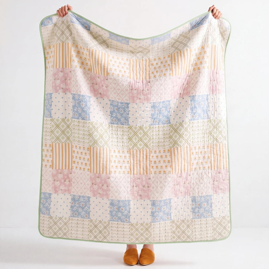 full view sunday patchwork muslin blanket rainbow patchwork green sage trim