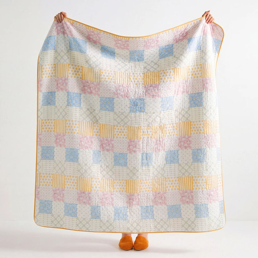 full view sunday patchwork muslin blanket rainbow patchwork pink pink striped border
