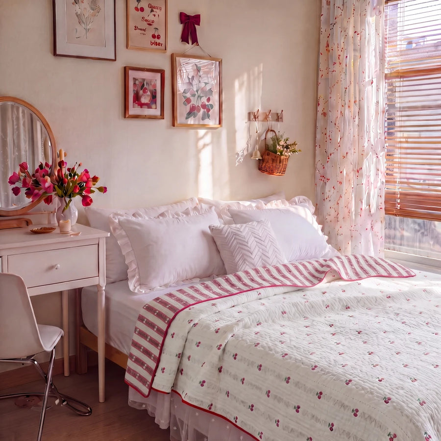 garden patch jacquard throw blanket cherry bud cozy bedroom vanity
