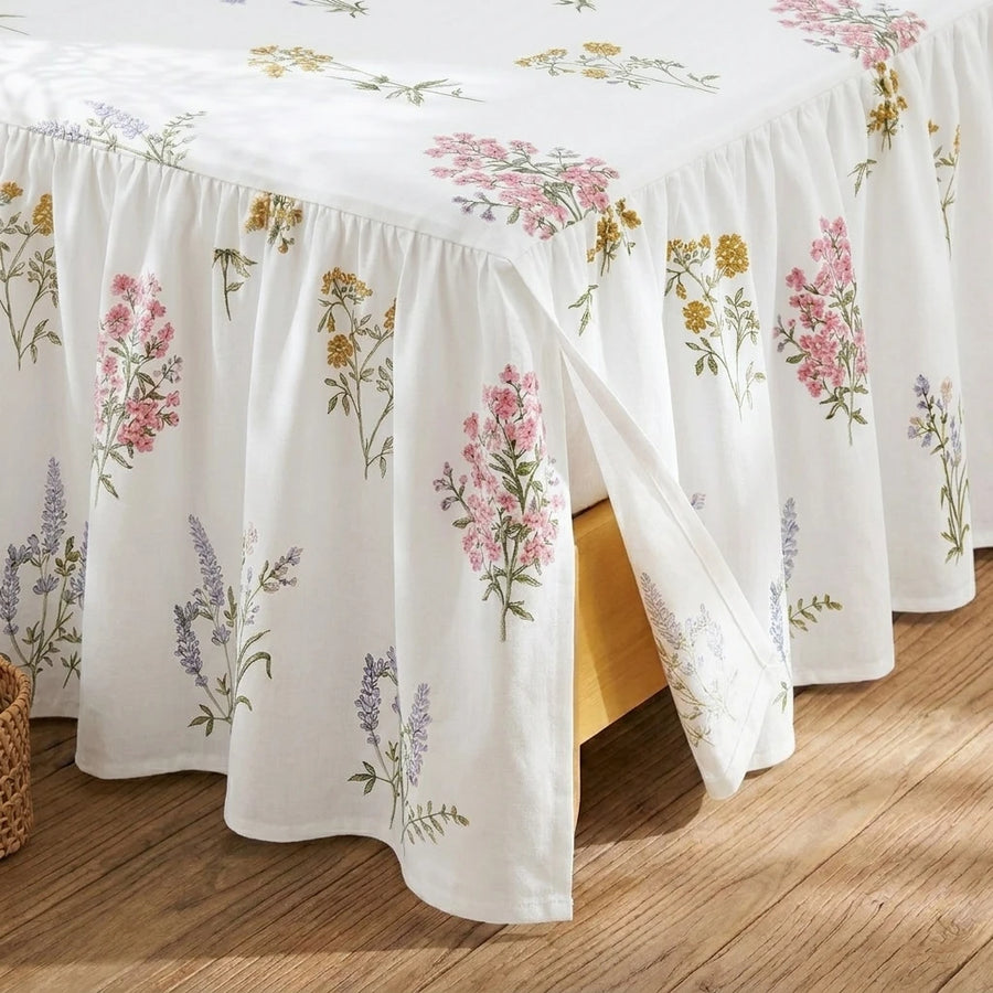 gathered floral linen bed skirt dust ruffle corner