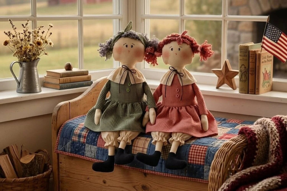 gingham sister dolls window bench rustic