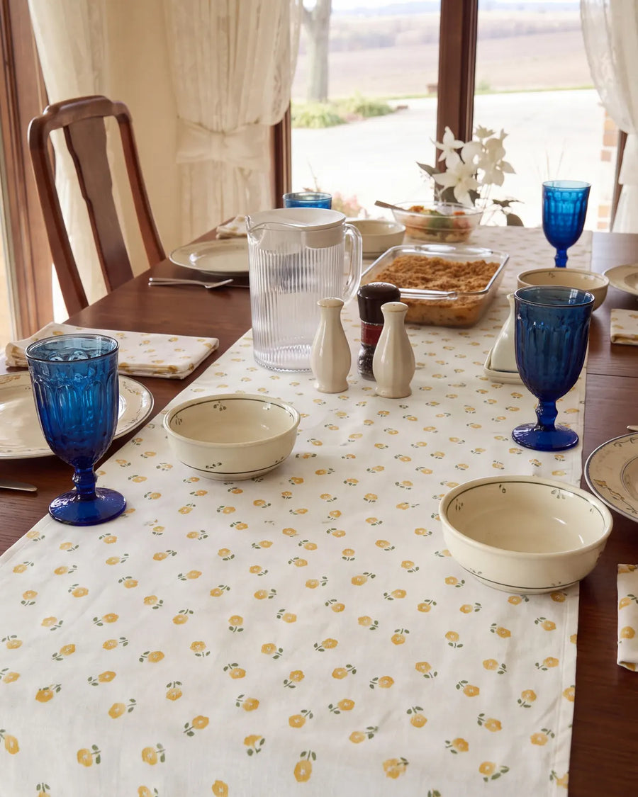 golden ditsy floral table runner dining table styling