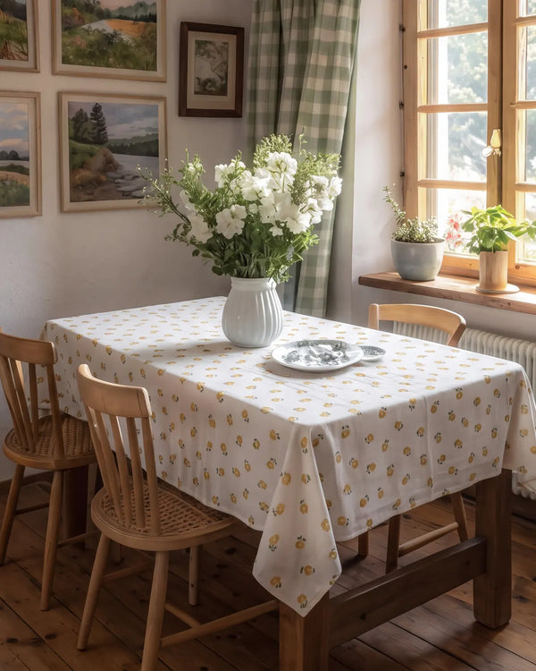 golden ditsy floral tablecloth cottage dining room