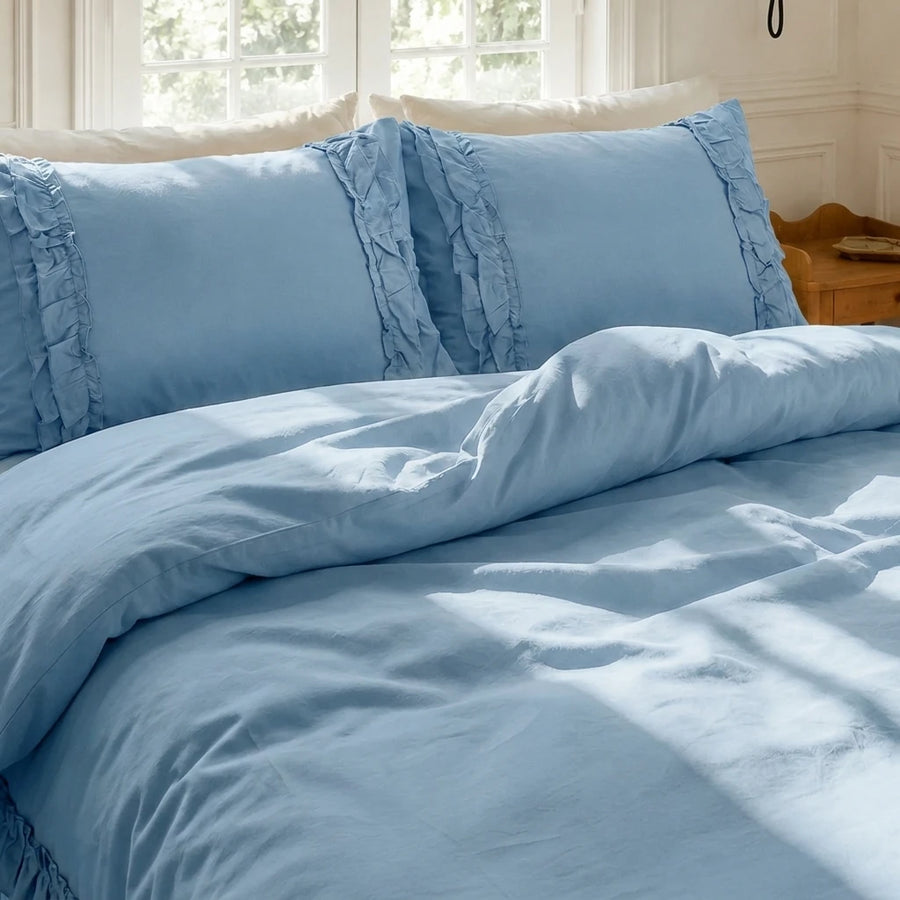 graceful ruffled duvet cover set celestial blue serene bedroom