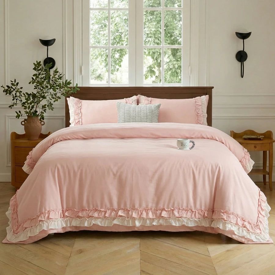 graceful ruffled solid color duvet cover set dusty pink french style