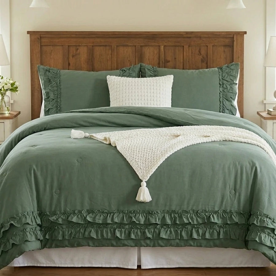 graceful ruffled solid comforter set dark green bedding main