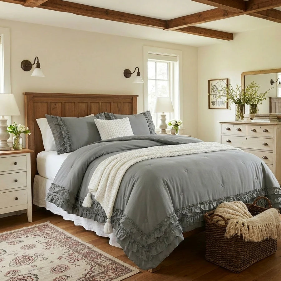 graceful ruffled solid comforter set grey bedding main