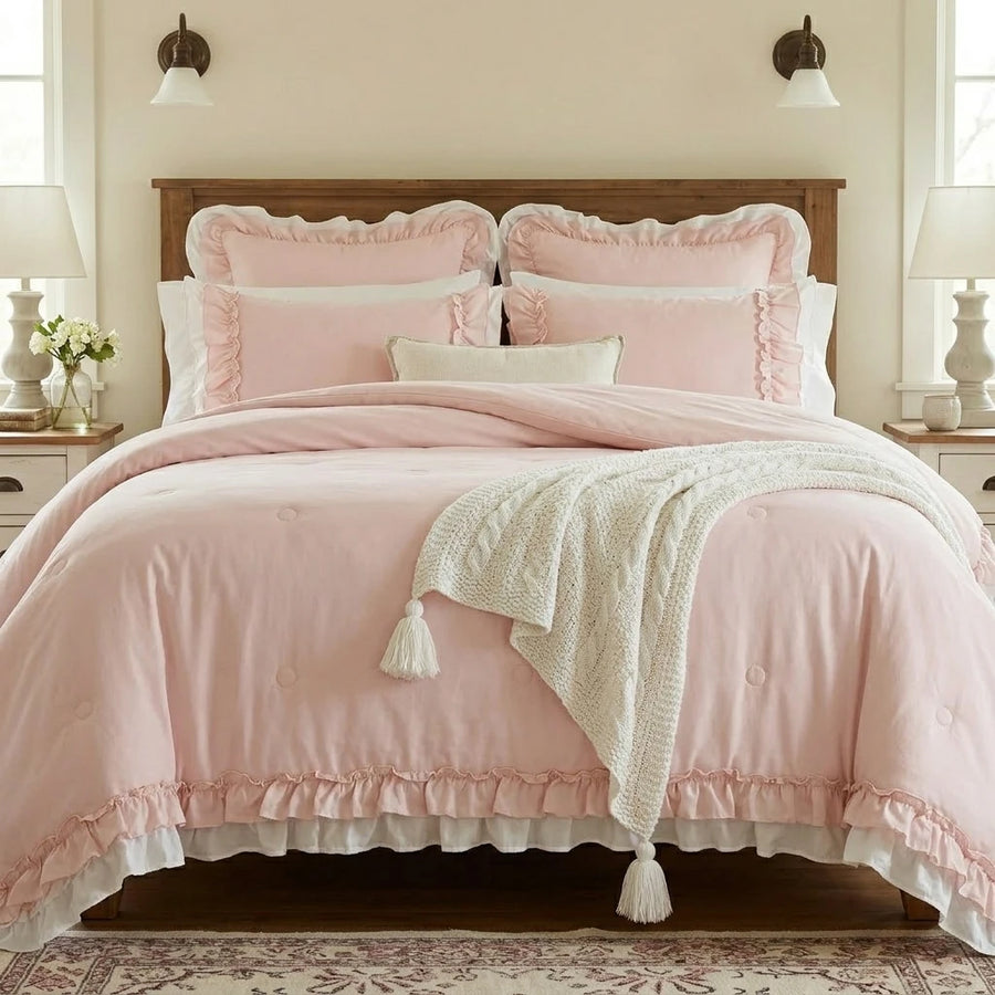 graceful ruffled solid comforter set pink bedding main