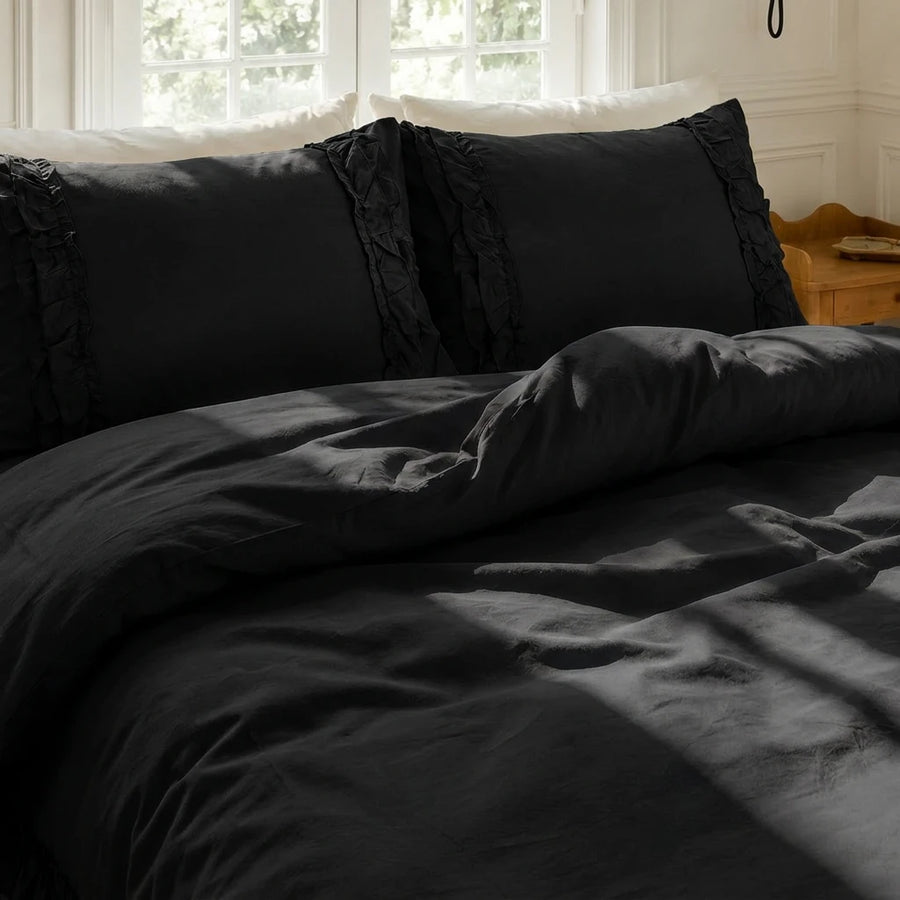 graceful ruffled solid duvet cover set classic black bold elegance