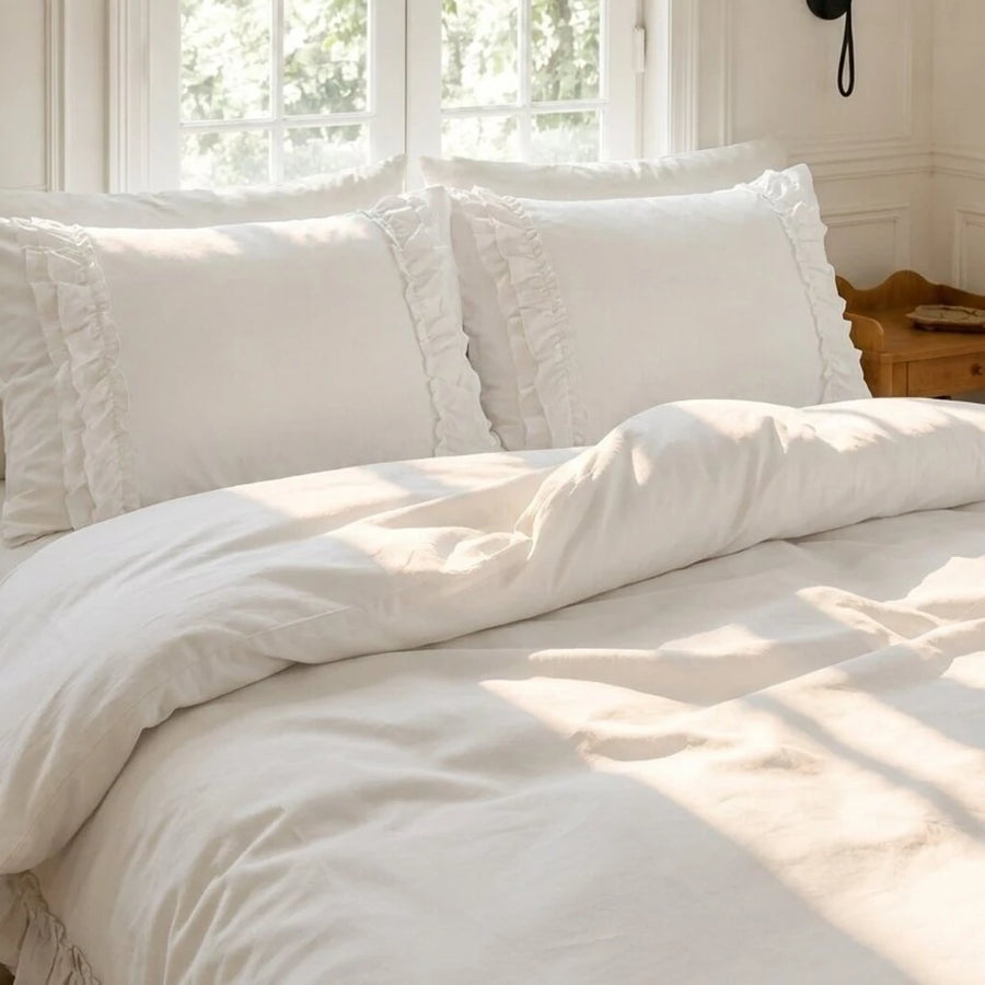 graceful ruffled solid duvet cover set crisp white french linen look