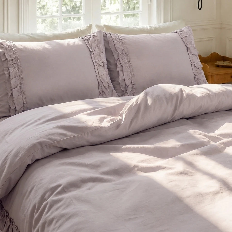 graceful ruffled solid duvet cover set lavender mist purple serene