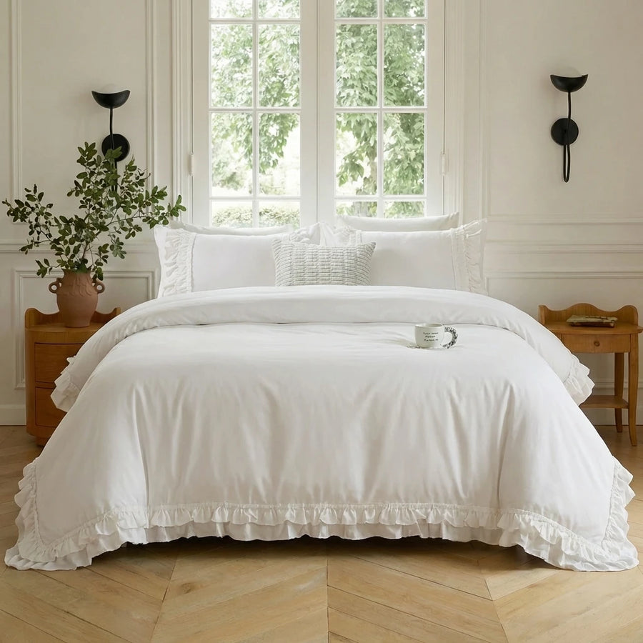 graceful white ruffled duvet cover set main
