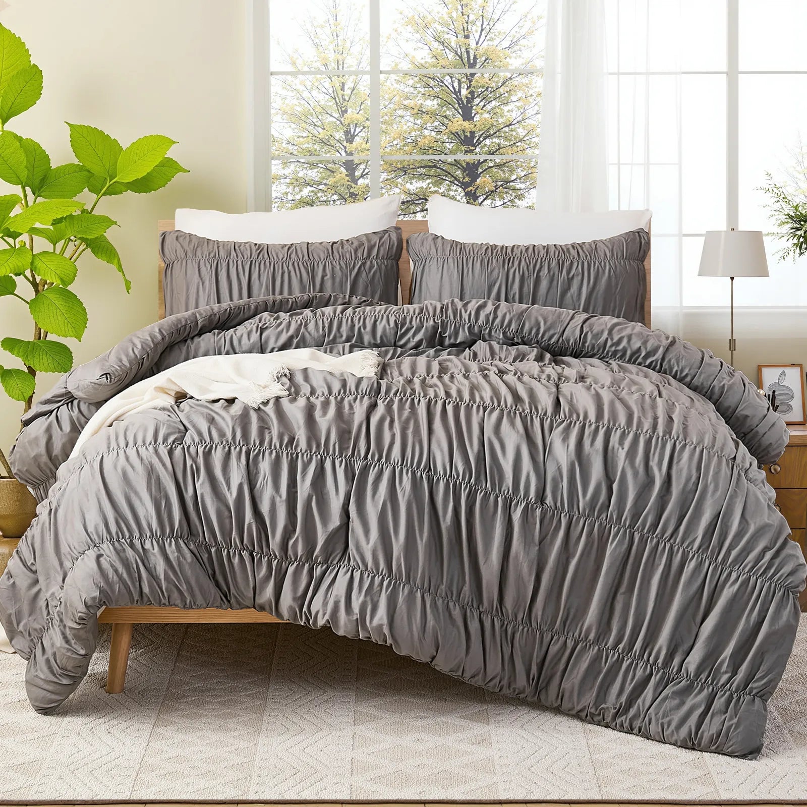 Gray crinkle cotton comforter overall view