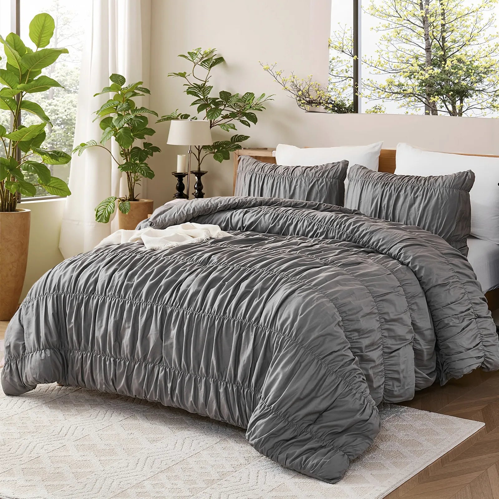 Gray crinkle cotton comforter side layout with white throw