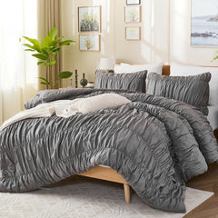 Gray crinkle cotton comforter texture detail