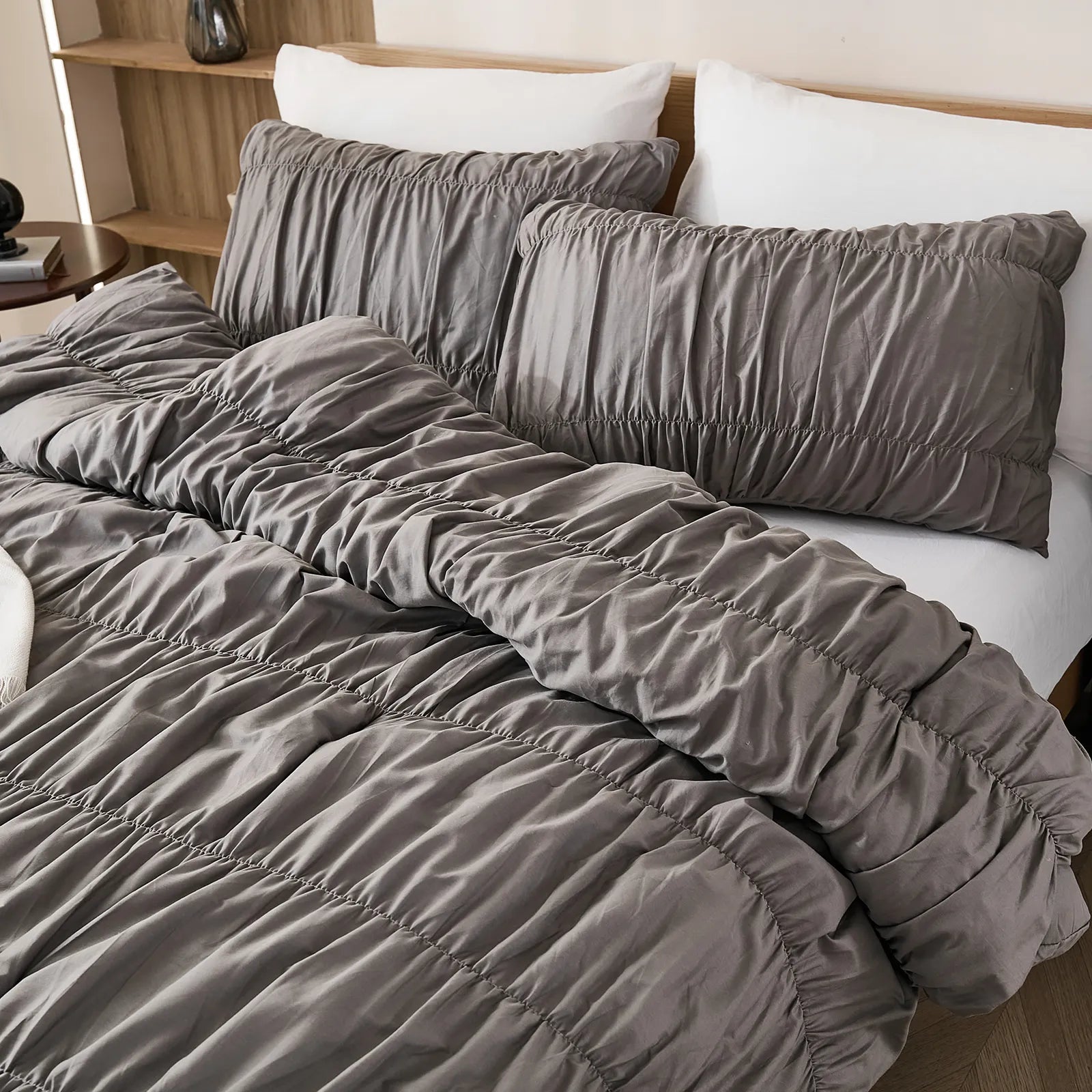 Gray crinkle cotton comforter top perspective