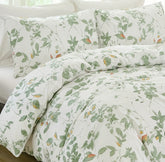 A detailed shot of the soft cotton fabric and leaf print texture