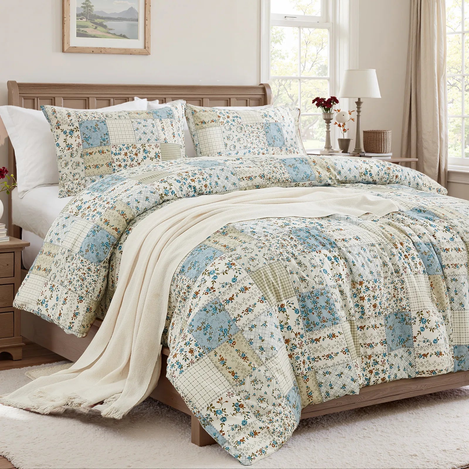 Angled view of the green patchwork duvet cover set, showing the textured pillows