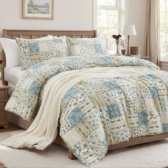 Angled view of the green patchwork duvet cover set, showing the textured pillows