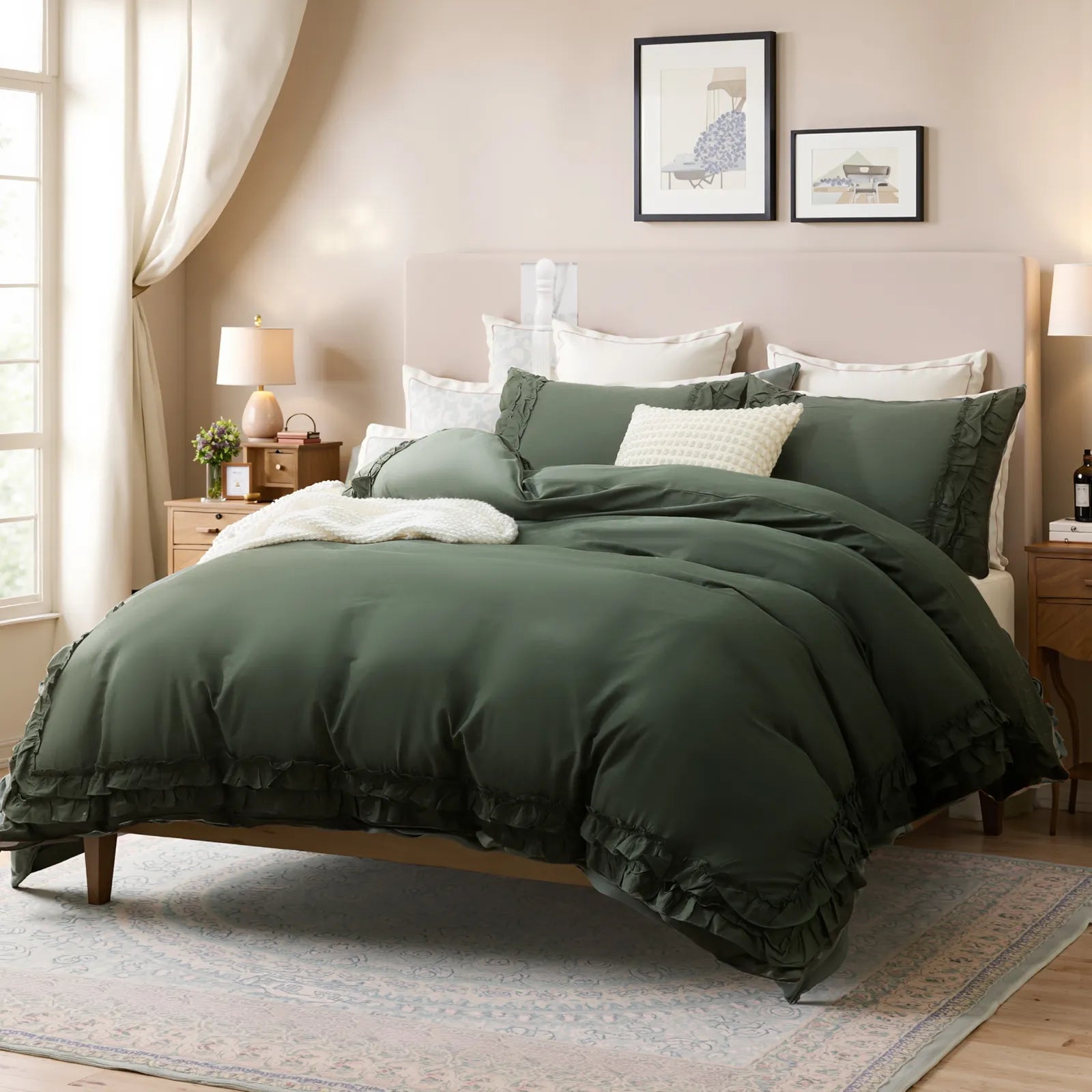Full view of the green ruffled cotton comforter set on a bed