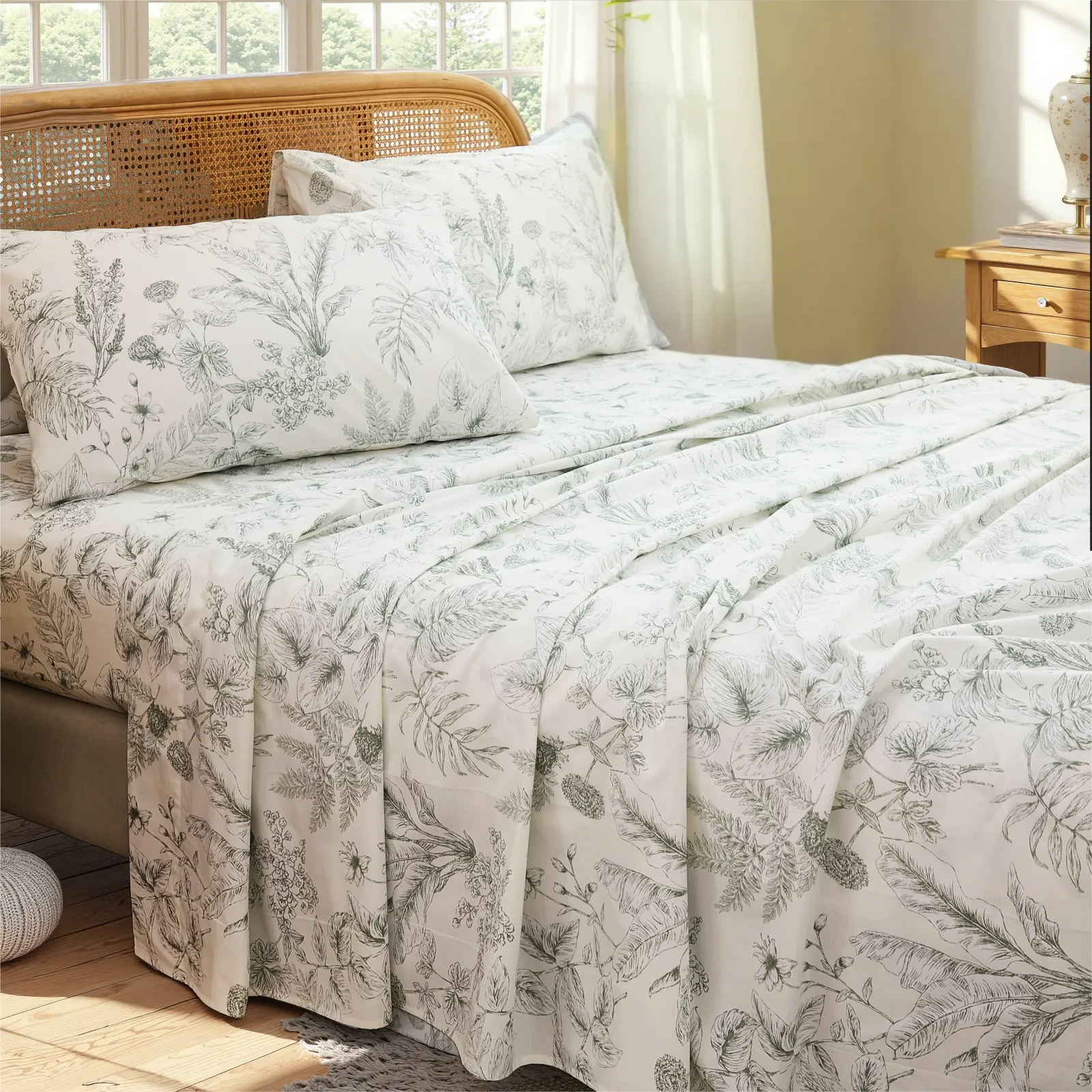 Cotton greenery botanical sheet set draped on bed with leaves print and natural light