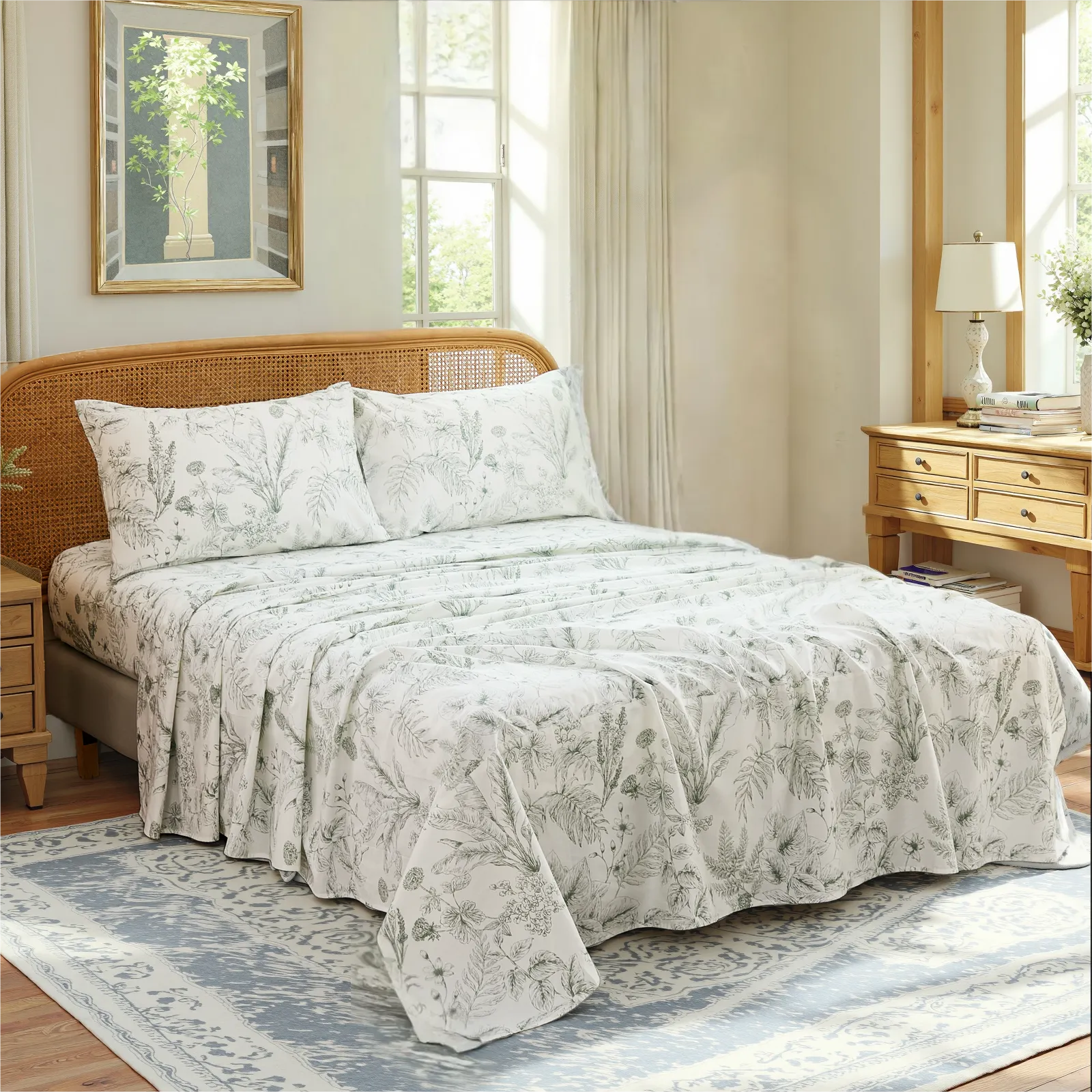 Close up view of cotton greenery botanical sheet set on bed with bright window light