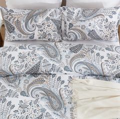 A detailed shot of the matching paisley pillowcases from the set