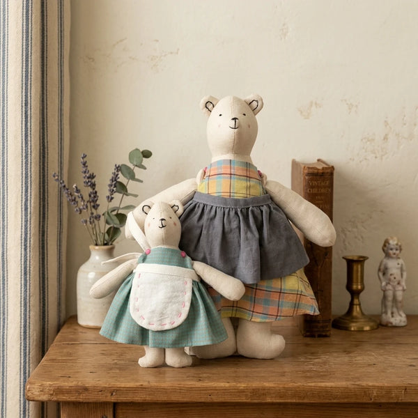 hand stitched linen teddy bear doll set