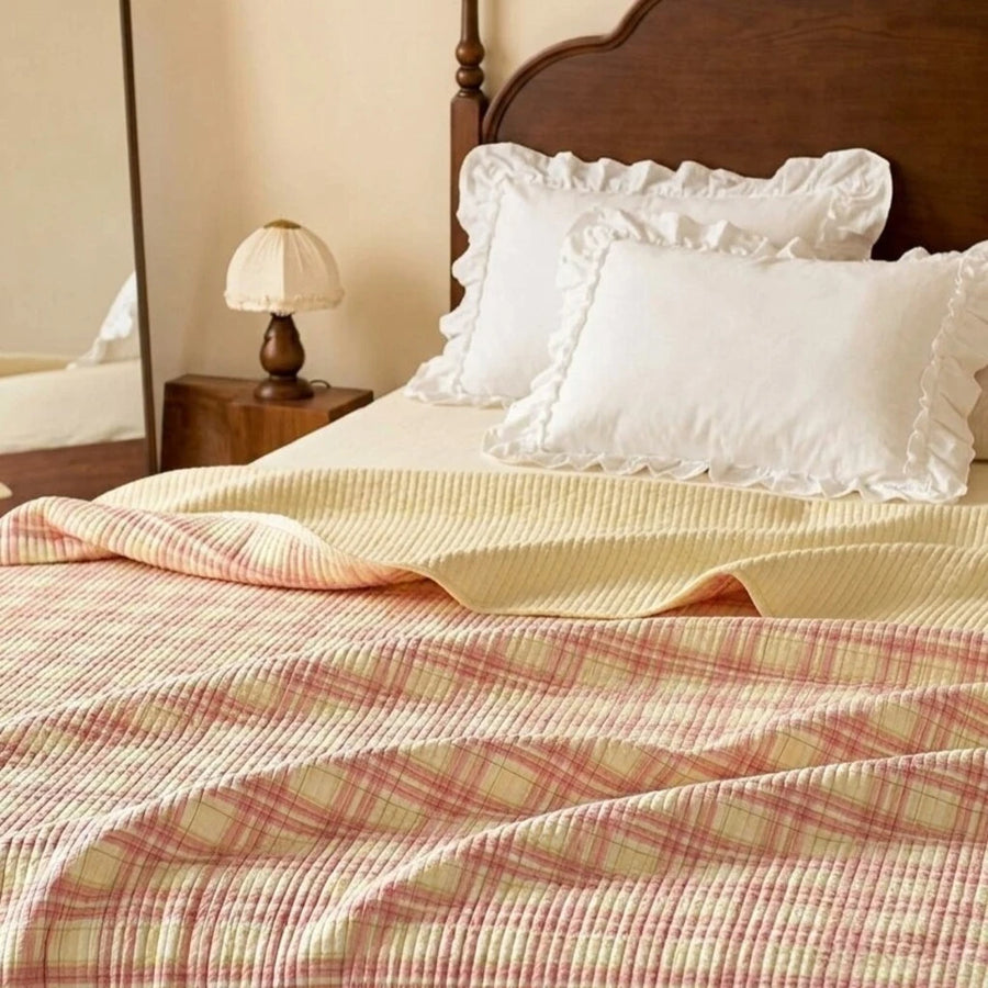 haven plaid yarn dyed quilt blush haven white ruffled pillows pleated lamp