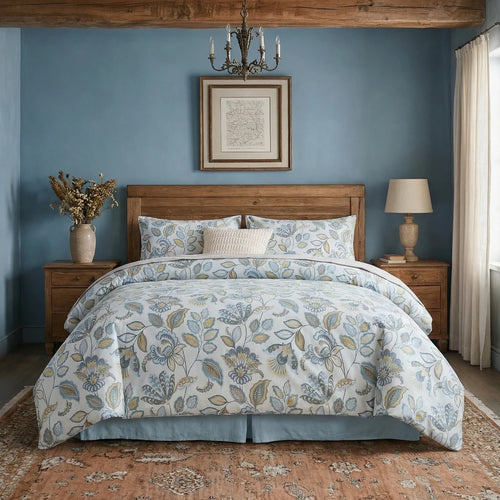 french style floral duvet cover set in dusty blue and ivory shabby chic bedroom