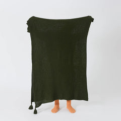 Person Holding Up Moss Green Knitted Throw Blanket Full View