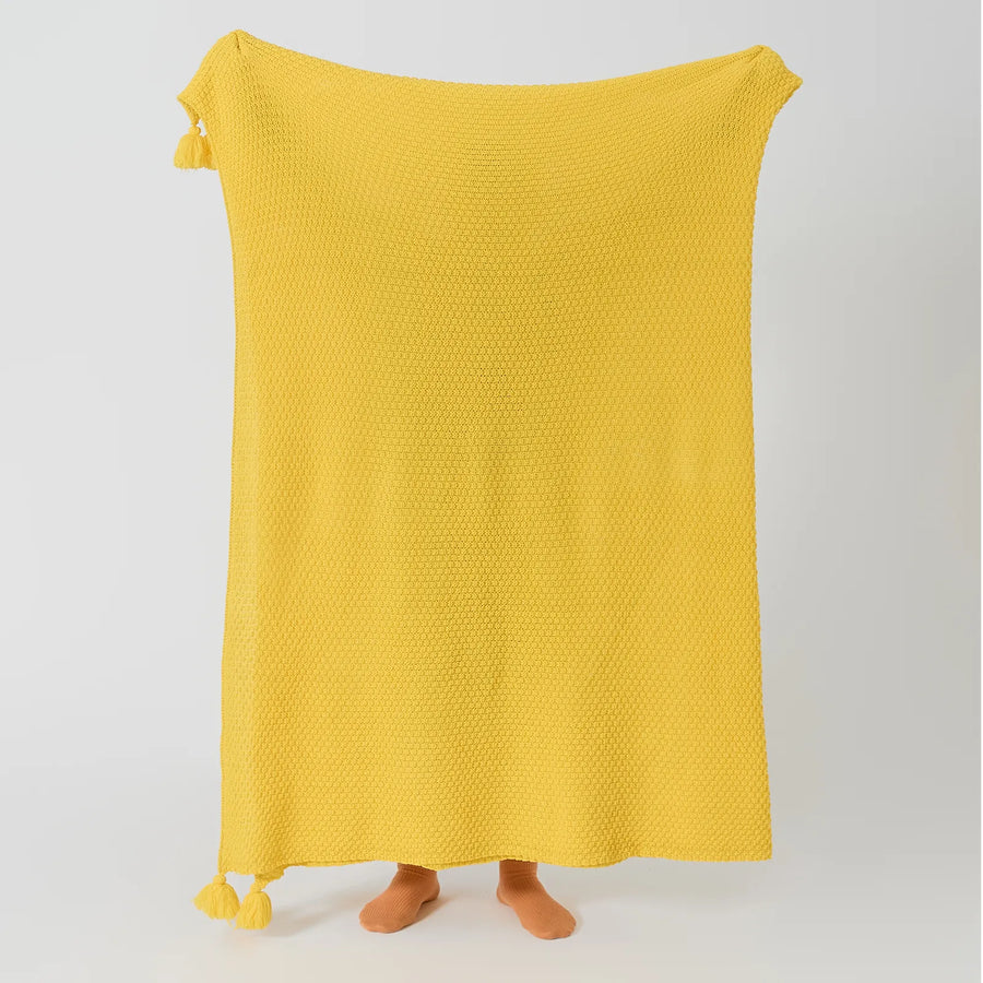 Person Holding Up Sunny Yellow Knitted Throw Blanket Full Length