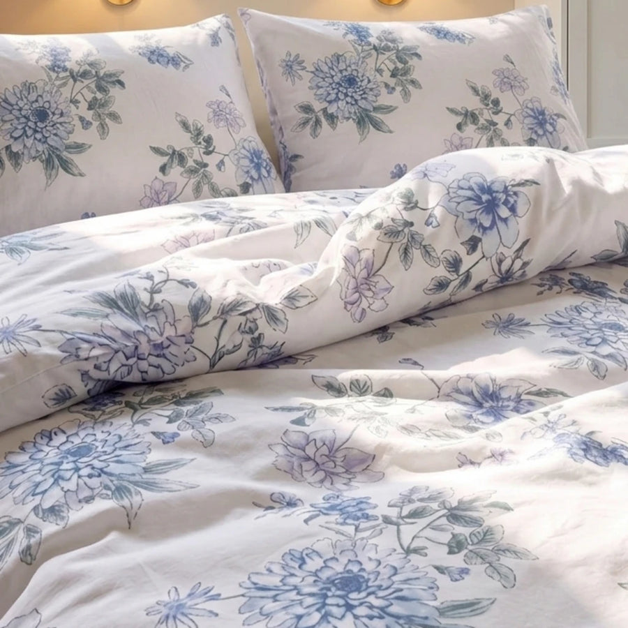 indigo bloom botanical print duvet cover soft cotton bedding look