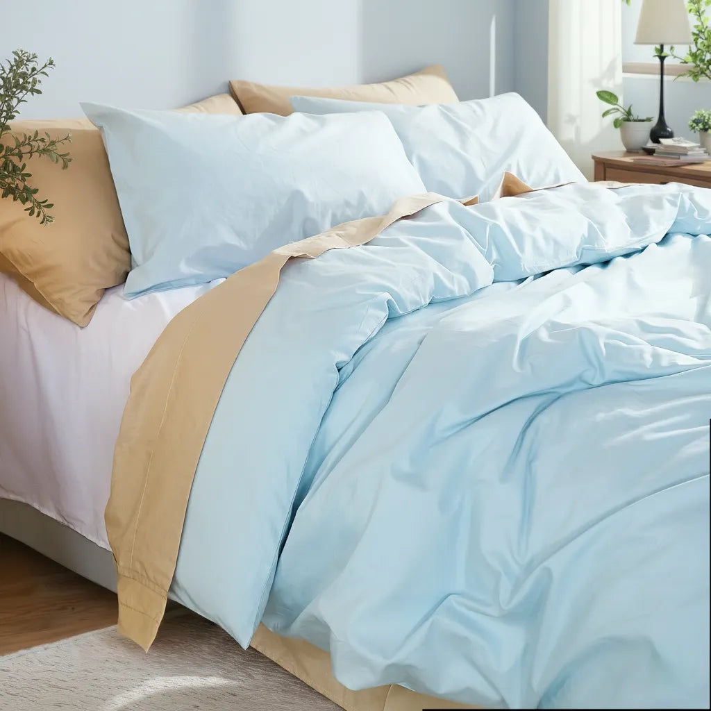 Angled top-down view of a light blue duvet with layered pillows and a black lamp on a wooden stand.