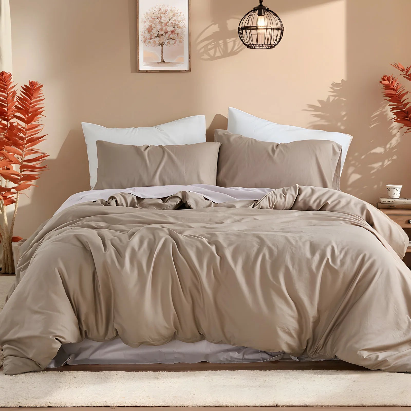 Light brown duvet cover front view with four pillows