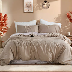 Light brown duvet cover front view with four pillows