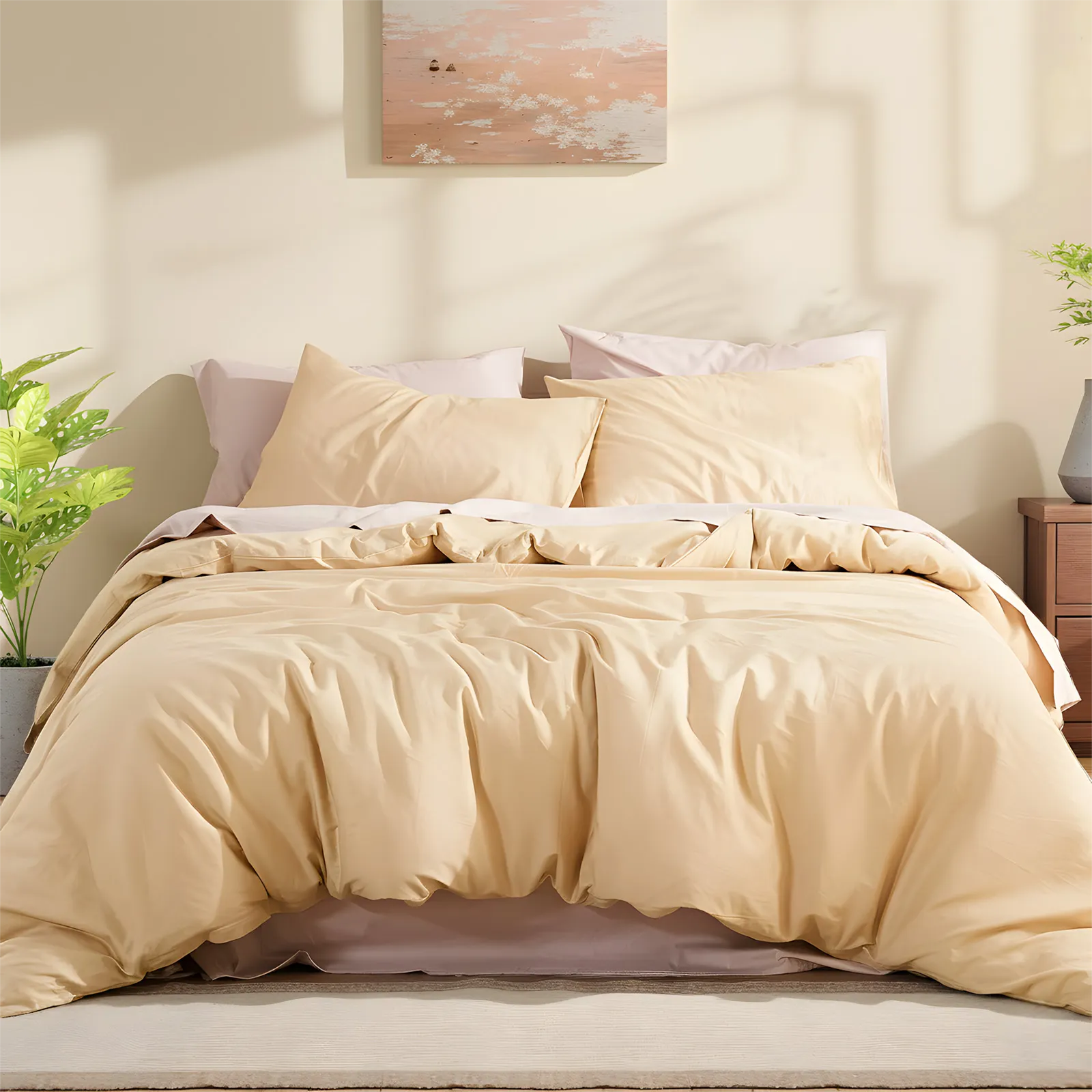 Front perspective of light yellow duvet in symmetrical bedroom setting.