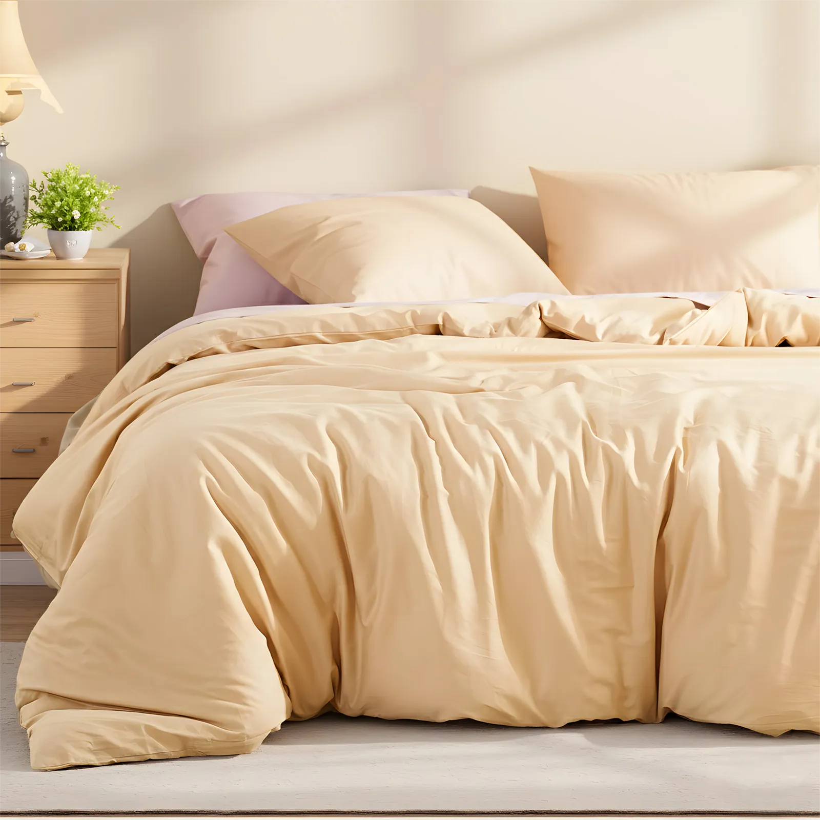 Left side view showing light yellow duvet with natural folds and pillow arrangement.