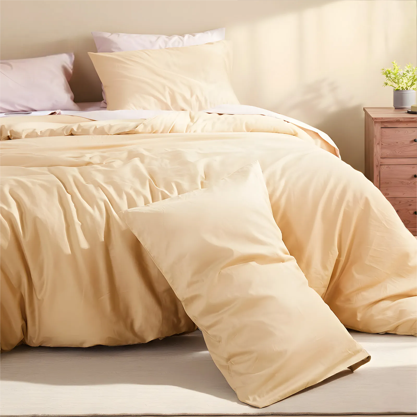 Right side view of light yellow duvet neatly spread on bed with matching pillows.