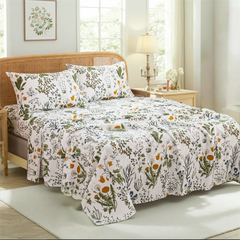 Wide view of Lush Botanical cotton sateen sheet set in full bedroom setting