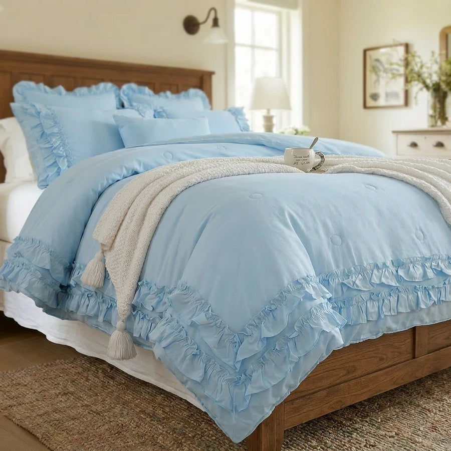 matching blue ruffled pillow shams victorian style bedding