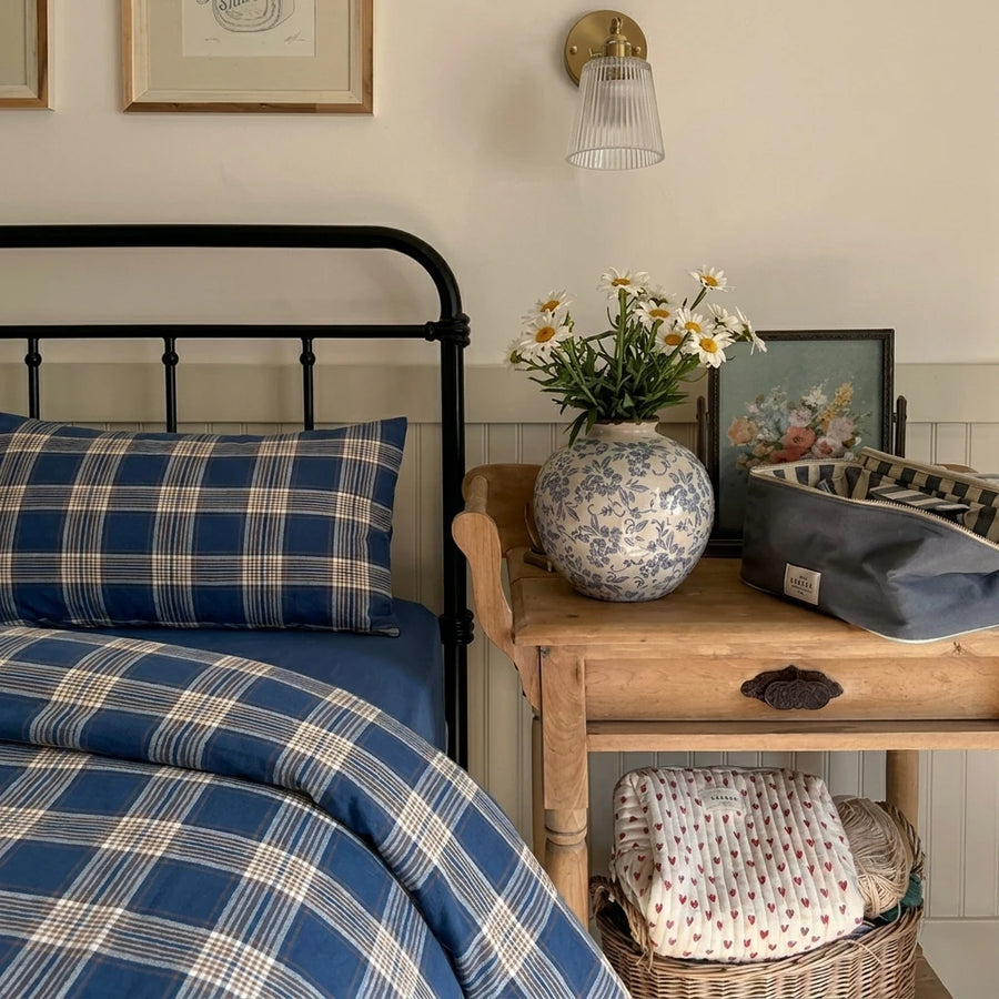 matching indigo earth tartan pillow shams vintage plaid detail