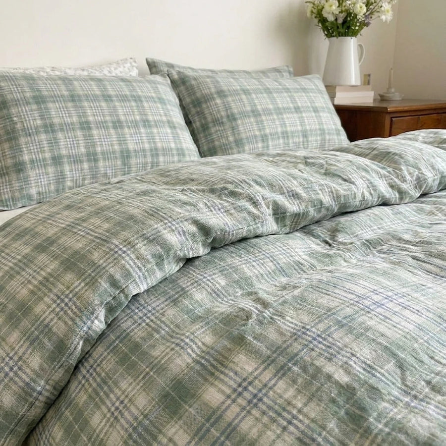 matching plaid check pillow shams meadow mist green bedding detail