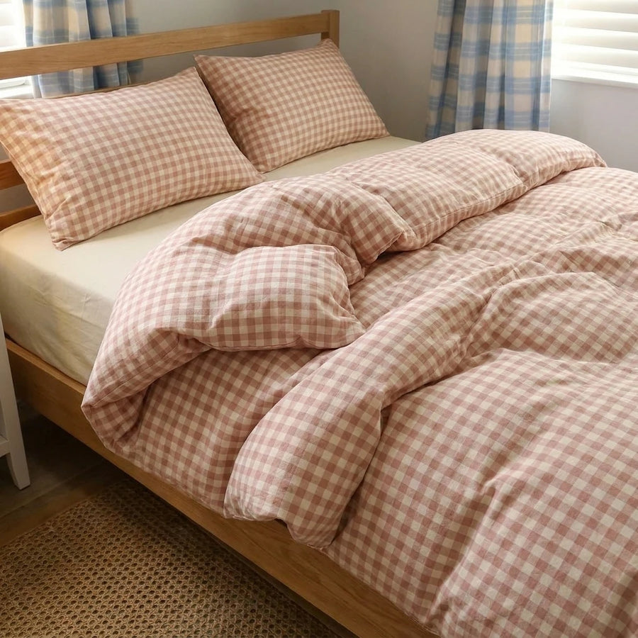 matching rose pink gingham pillow shams vintage bedding detail