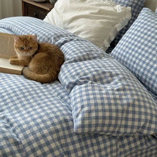 matching sky blue gingham pillow shams cottagecore bedding detail